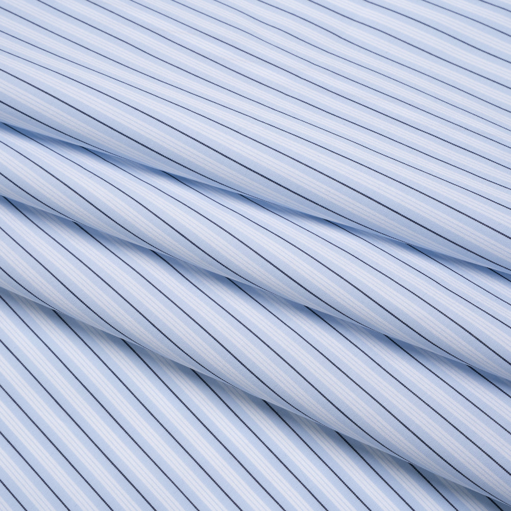 Cotton Poplin Shirting - Sky Blue, Black and White Stripes - Deadstock