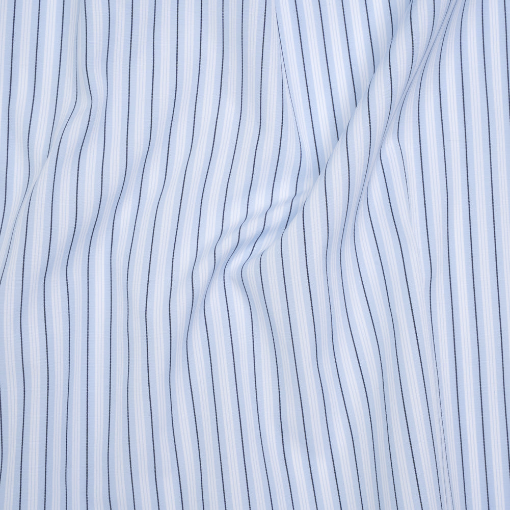 Cotton Poplin Shirting - Sky Blue, Black and White Stripes - Deadstock