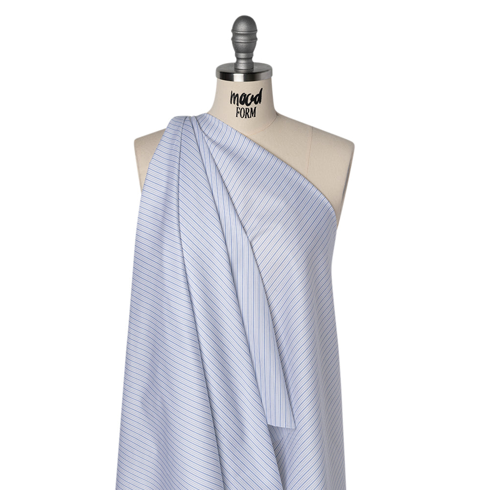 Cotton Twill Shirting - Sky Blue, Navy and White Stripes - Deadstock