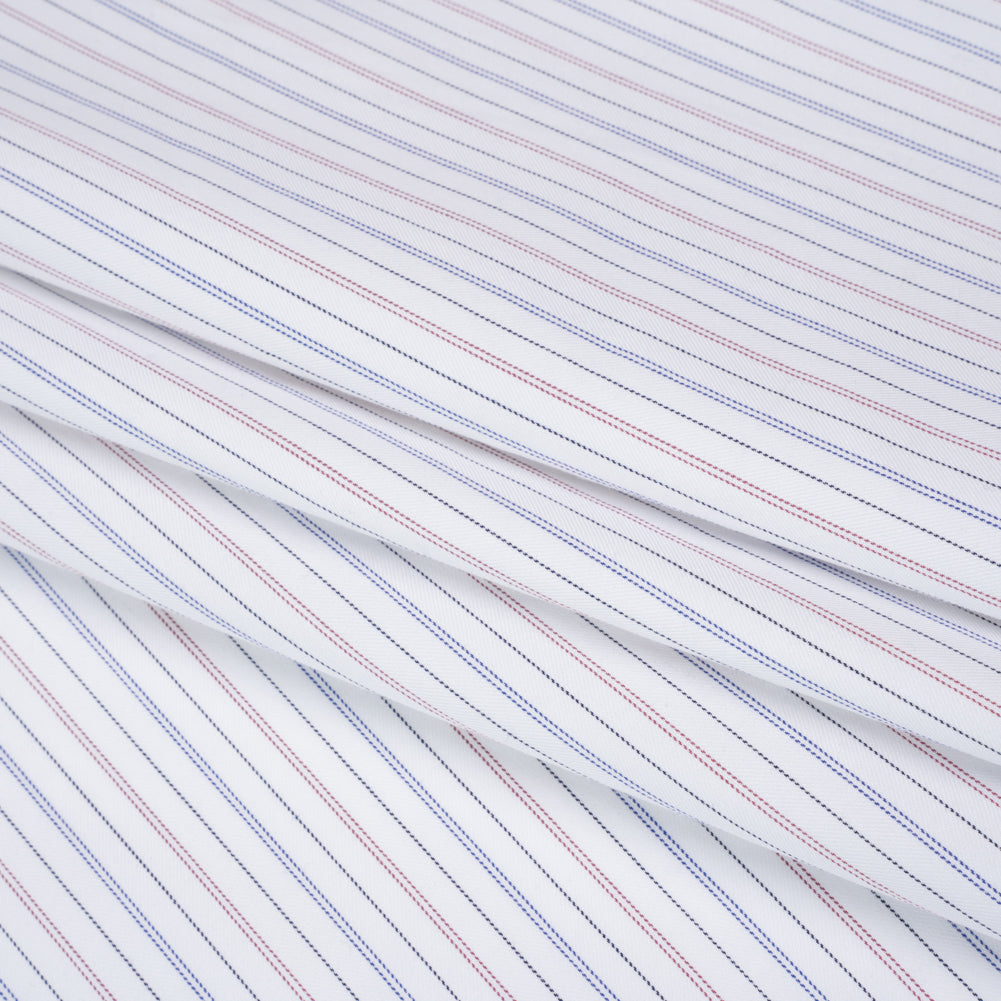 Cotton Herringbone Twill Shirting - White, Blue and Red Pinstripes - Deadstock