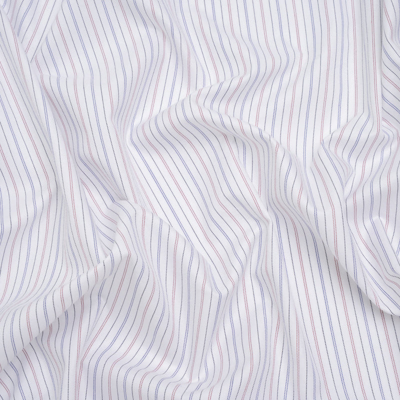 Cotton Herringbone Twill Shirting - White, Blue and Red Pinstripes - Deadstock