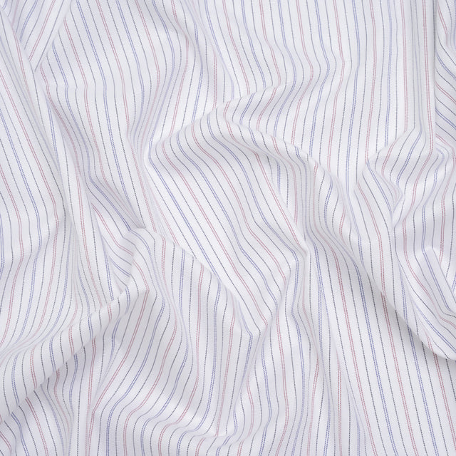 Cotton Herringbone Twill Shirting - White, Blue and Red Pinstripes - Deadstock