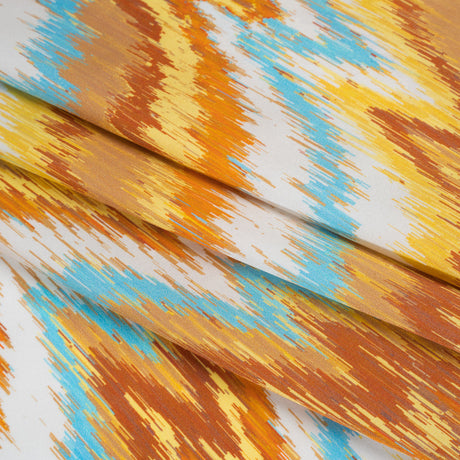 Silk Charmeuse Print 16MM, Made in Italy - Orange, Yellow and Turquoise Ikat Marbled Waves