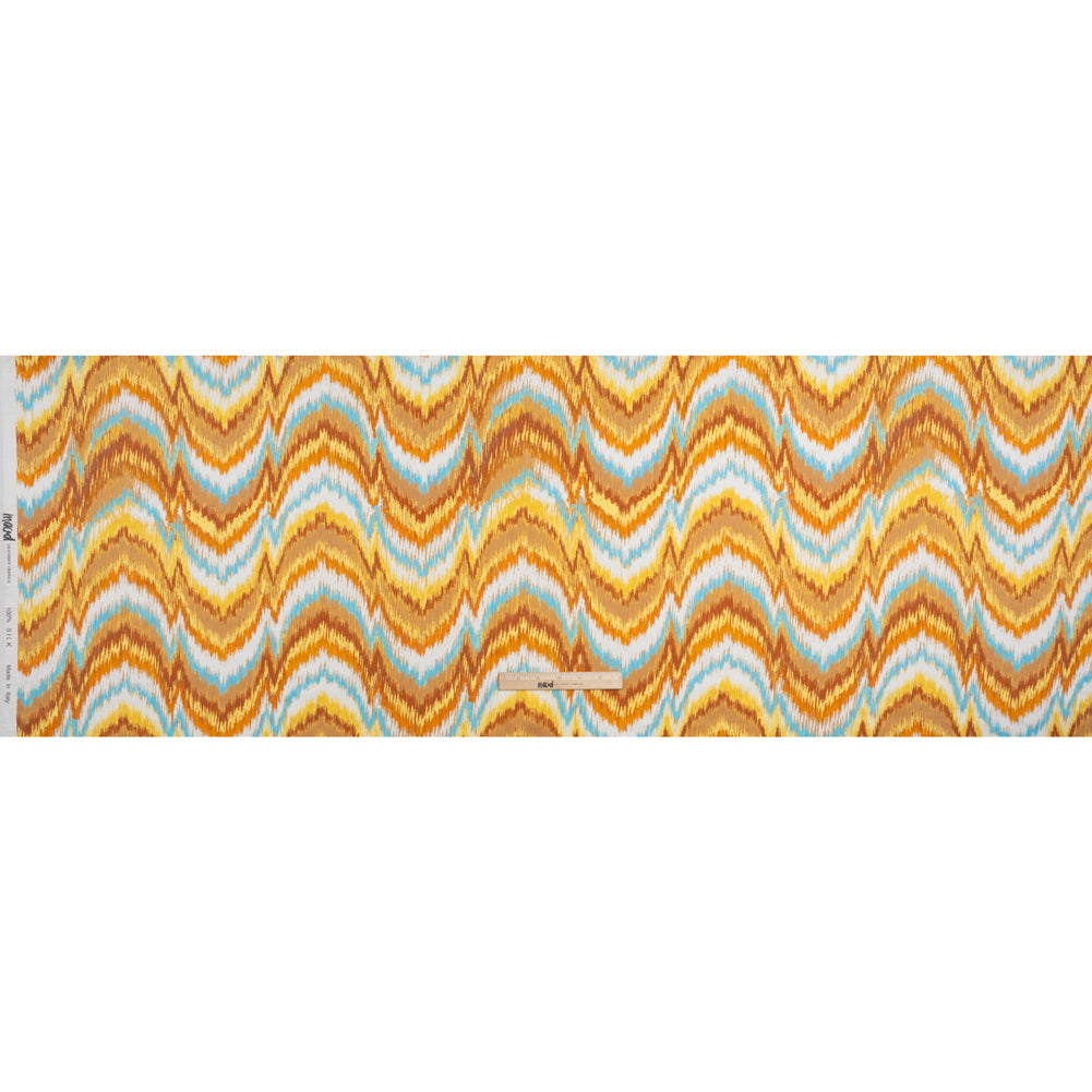 Silk Charmeuse Print 16MM, Made in Italy - Orange, Yellow and Turquoise Ikat Marbled Waves
