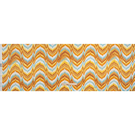 Silk Charmeuse Print 16MM, Made in Italy - Orange, Yellow and Turquoise Ikat Marbled Waves