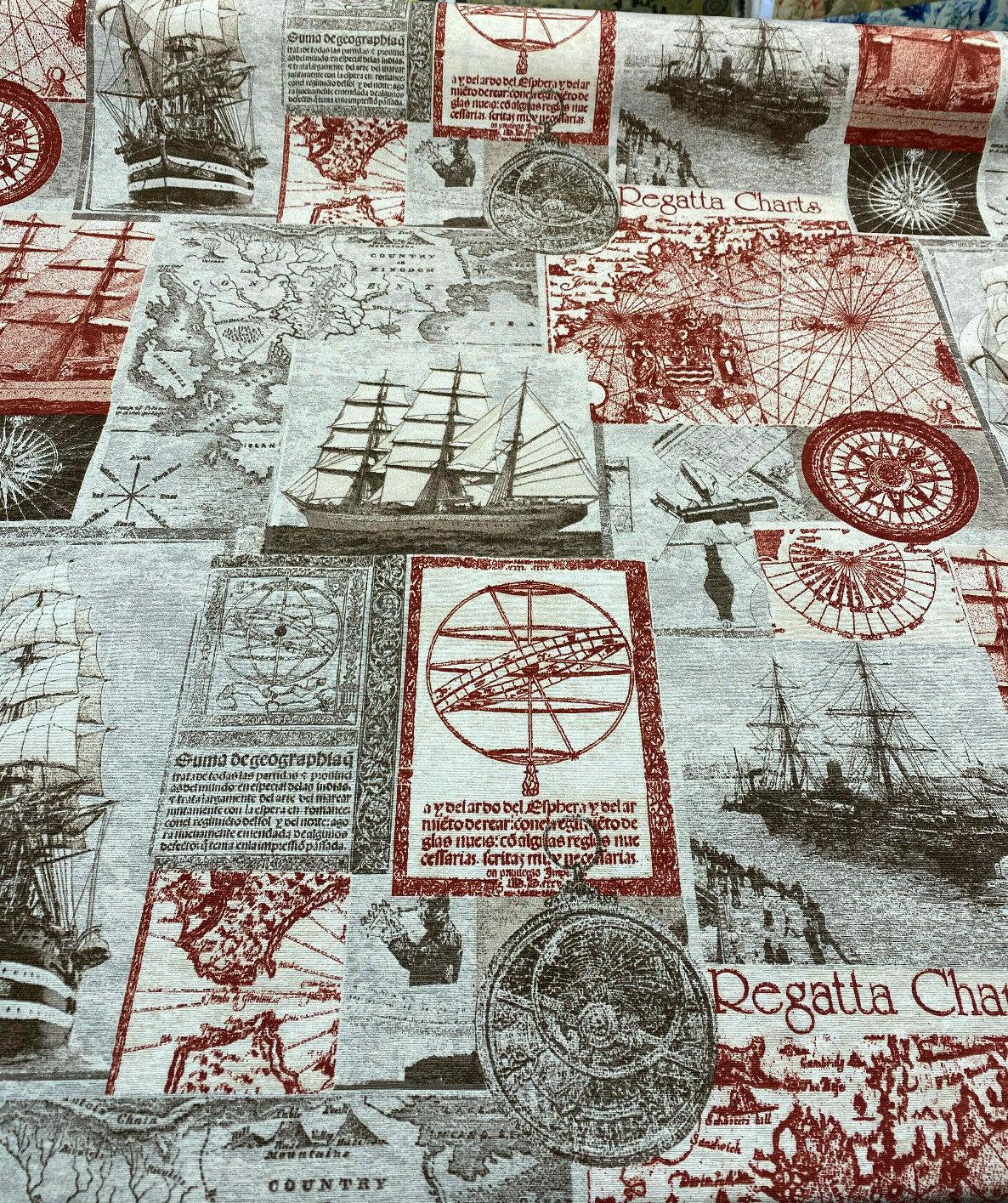 Clipper Sailing Boats Regatta Charts Cotton Canvas Fabric - Rust Red Beige Brown Gray, 56" Width (1 Yard)