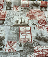 Clipper Sailing Boats Regatta Charts Cotton Canvas Fabric - Rust Red Beige Brown Gray, 56" Width (1 Yard)