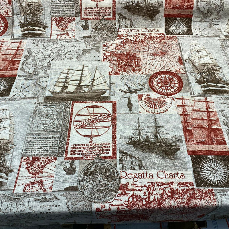 Clipper Sailing Boats Regatta Charts Cotton Canvas Fabric - Rust Red Beige Brown Gray, 56" Width (1 Yard)
