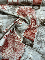 Clipper Sailing Boats Regatta Charts Cotton Canvas Fabric - Rust Red Beige Brown Gray, 56" Width (1 Yard)