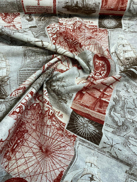 Clipper Sailing Boats Regatta Charts Cotton Canvas Fabric - Rust Red Beige Brown Gray, 56" Width (1 Yard)