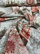 Clipper Sailing Boats Regatta Charts Cotton Canvas Fabric - Rust Red Beige Brown Gray, 56" Width (1 Yard)