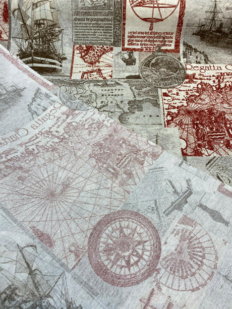 Clipper Sailing Boats Regatta Charts Cotton Canvas Fabric - Rust Red Beige Brown Gray, 56" Width (1 Yard)