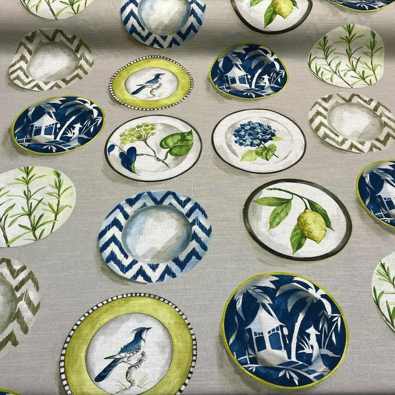 Capri Platos Lemons Birds Plates Spain Cotton Canvas Fabric - Gray Navy Blue Green Beige White Birds Plates Lemons, 56" Width (1 Yard)