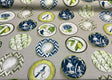 Capri Platos Lemons Birds Plates Spain Cotton Canvas Fabric - Gray Navy Blue Green Beige White Birds Plates Lemons, 56" Width (1 Yard)