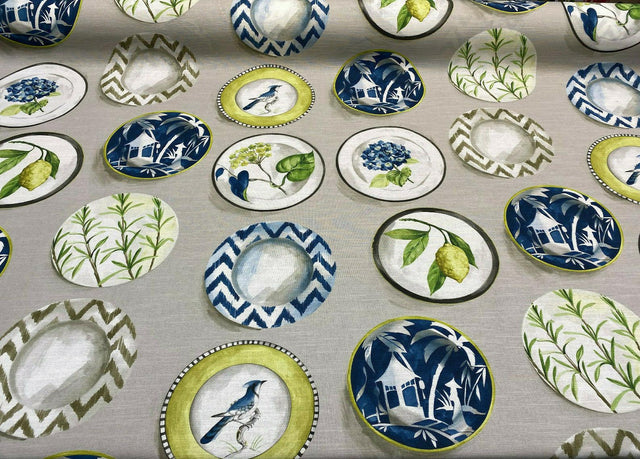 Capri Platos Lemons Birds Plates Spain Cotton Canvas Fabric - Gray Navy Blue Green Beige White Birds Plates Lemons, 56" Width (1 Yard)