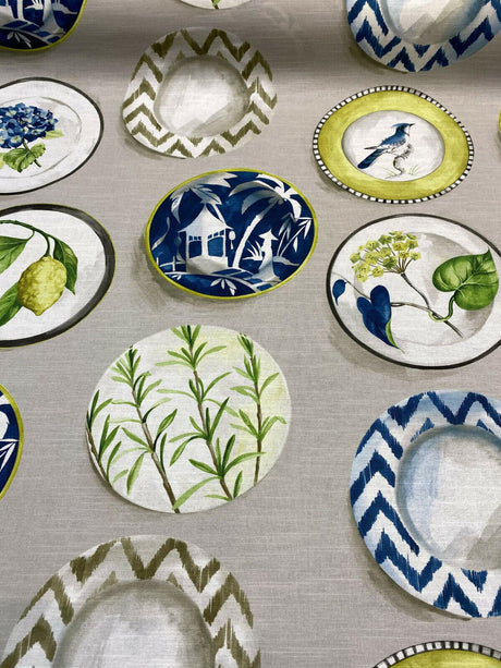 Capri Platos Lemons Birds Plates Spain Cotton Canvas Fabric - Gray Navy Blue Green Beige White Birds Plates Lemons, 56" Width (1 Yard)