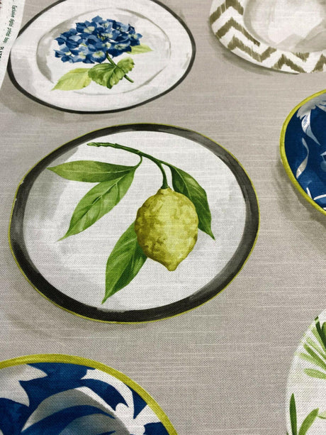 Capri Platos Lemons Birds Plates Spain Cotton Canvas Fabric - Gray Navy Blue Green Beige White Birds Plates Lemons, 56" Width (1 Yard)