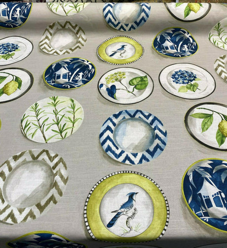 Capri Platos Lemons Birds Plates Spain Cotton Canvas Fabric - Gray Navy Blue Green Beige White Birds Plates Lemons, 56" Width (1 Yard)