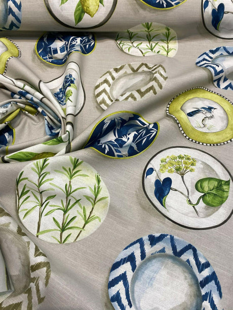 Capri Platos Lemons Birds Plates Spain Cotton Canvas Fabric - Gray Navy Blue Green Beige White Birds Plates Lemons, 56" Width (1 Yard)