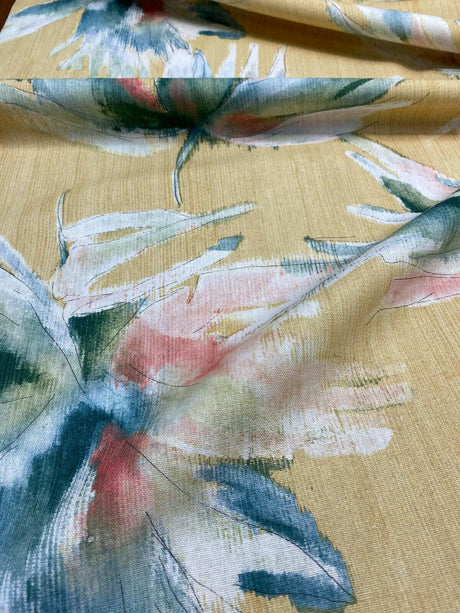 Anza Valley Golden Forest Cotton Fabric - Digital Print, Shades Of Green With Hint Of Pink And Beige On Golden Yellow Background, 54" Width, 27" Horizontal Repeat, 24" Vertical Repeat (1 Yard)