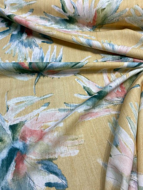 Anza Valley Golden Forest Cotton Fabric - Digital Print, Shades Of Green With Hint Of Pink And Beige On Golden Yellow Background, 54" Width, 27" Horizontal Repeat, 24" Vertical Repeat (1 Yard)