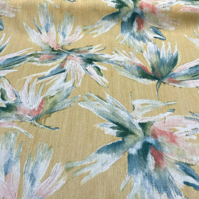 Anza Valley Golden Forest Cotton Fabric - Digital Print, Shades Of Green With Hint Of Pink And Beige On Golden Yellow Background, 54" Width, 27" Horizontal Repeat, 24" Vertical Repeat (1 Yard)