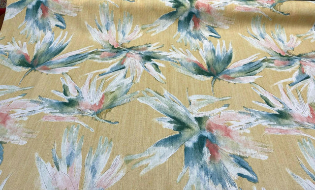 Anza Valley Golden Forest Cotton Fabric - Digital Print, Shades Of Green With Hint Of Pink And Beige On Golden Yellow Background, 54" Width, 27" Horizontal Repeat, 24" Vertical Repeat (1 Yard)