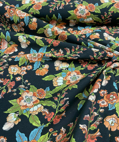 Jaimy Cotton Fabric - Black Jungle Flowers, 54" Width, 220 Gr/M2 (1 Yard)