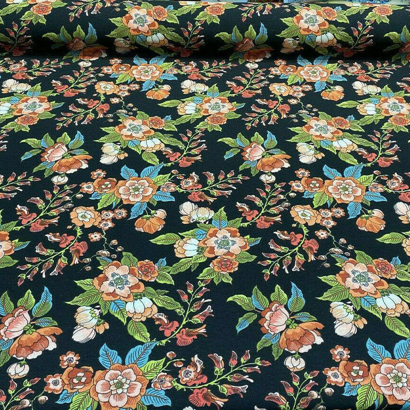 Jaimy Cotton Fabric - Black Jungle Flowers, 54" Width, 220 Gr/M2 (1 Yard)