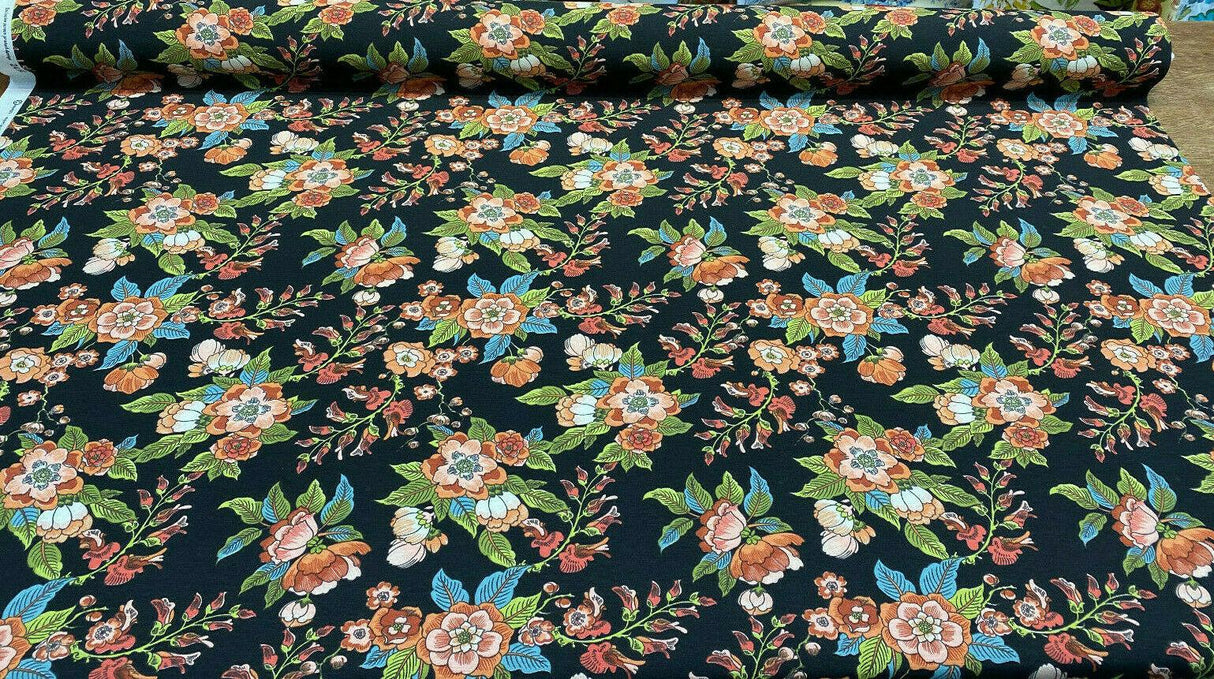 Jaimy Cotton Fabric - Black Jungle Flowers, 54" Width, 220 Gr/M2 (1 Yard)