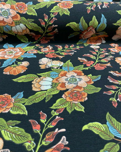 Jaimy Cotton Fabric - Black Jungle Flowers, 54" Width, 220 Gr/M2 (1 Yard)