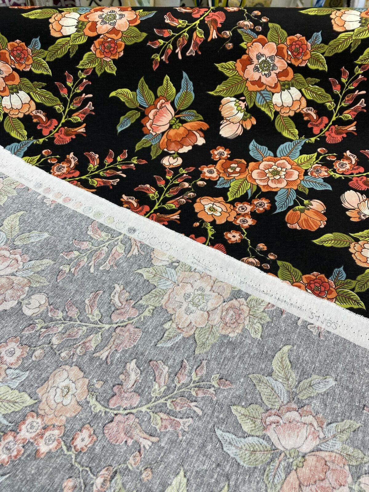 Jaimy Cotton Fabric - Black Jungle Flowers, 54" Width, 220 Gr/M2 (1 Yard)