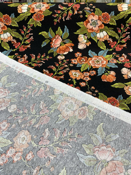 Jaimy Cotton Fabric - Black Jungle Flowers, 54" Width, 220 Gr/M2 (1 Yard)