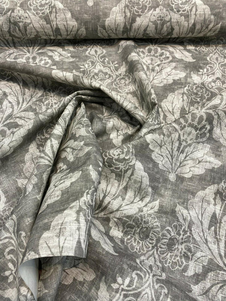 Classic Elegant Damask Cotton Fabric - Gray White Damask, 56" Width (1 Yard)