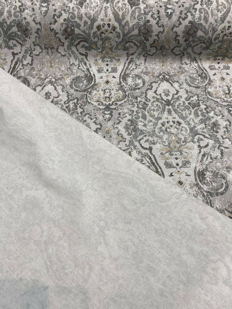 Mazely Damask Ancient Gray Cotton Fabric - Damask, Gray, 56" Width (1 Yard)