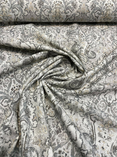 Mazely Damask Ancient Gray Cotton Fabric - Damask, Gray, 56" Width (1 Yard)