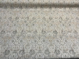 Mazely Damask Ancient Creamy Beige Cotton Fabric - Ancient Damask, Off White Cream Beige With Blue And Taupe, 56" Width (1 Yard)