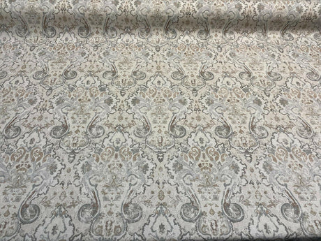 Mazely Damask Ancient Creamy Beige Cotton Fabric - Ancient Damask, Off White Cream Beige With Blue And Taupe, 56" Width (1 Yard)
