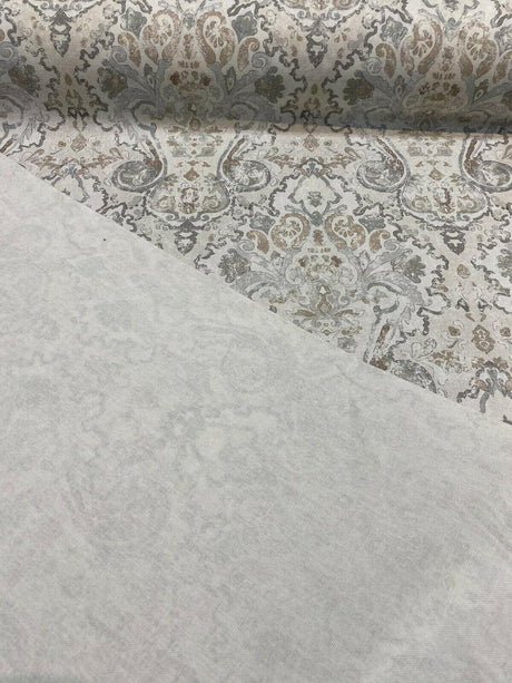 Mazely Damask Ancient Creamy Beige Cotton Fabric - Ancient Damask, Off White Cream Beige With Blue And Taupe, 56" Width (1 Yard)