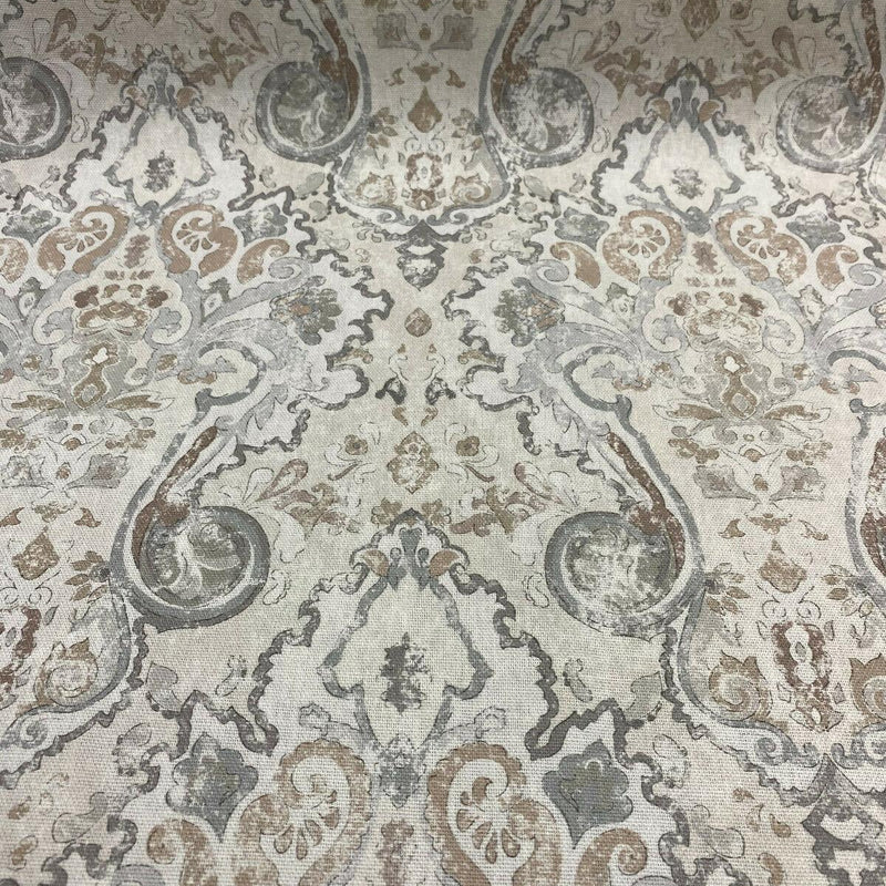 Mazely Damask Ancient Creamy Beige Cotton Fabric - Ancient Damask, Off White Cream Beige With Blue And Taupe, 56" Width (1 Yard)