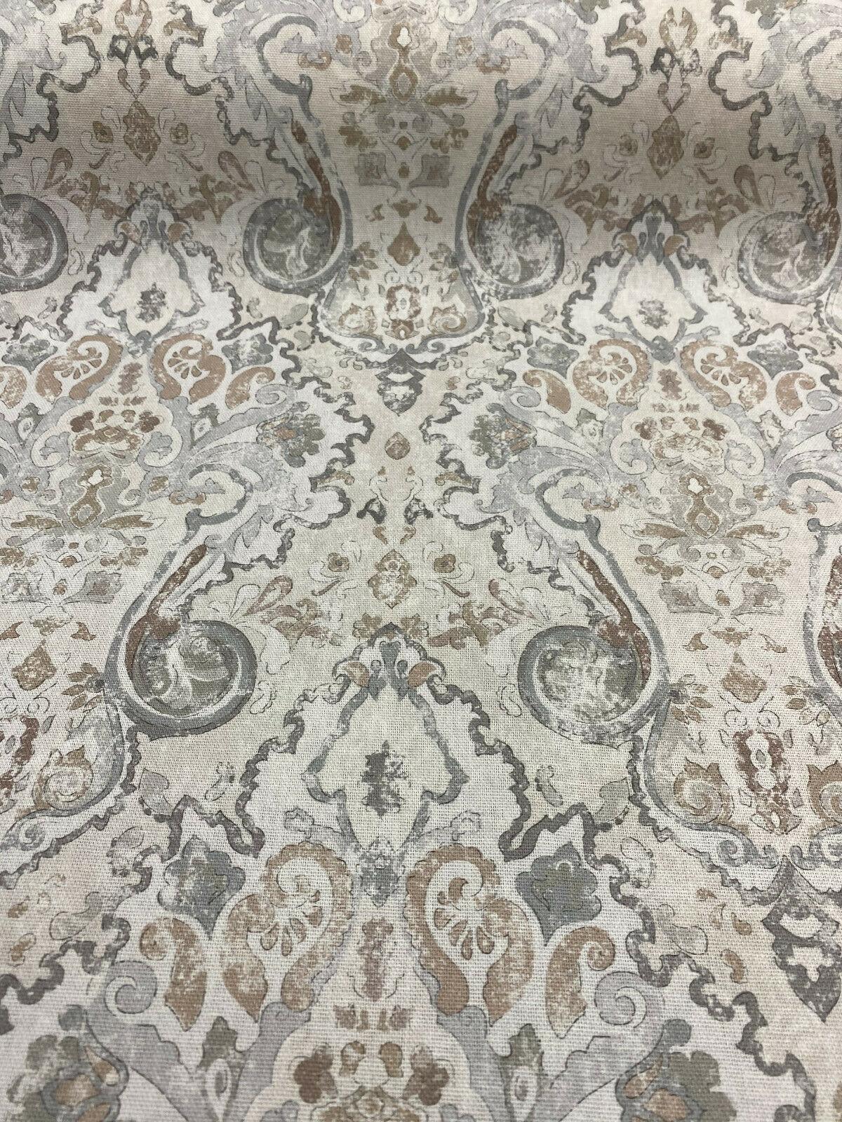 Mazely Damask Ancient Creamy Beige Cotton Fabric - Ancient Damask, Off White Cream Beige With Blue And Taupe, 56" Width (1 Yard)