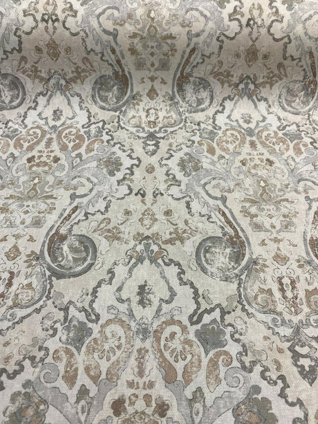 Mazely Damask Ancient Creamy Beige Cotton Fabric - Ancient Damask, Off White Cream Beige With Blue And Taupe, 56" Width (1 Yard)