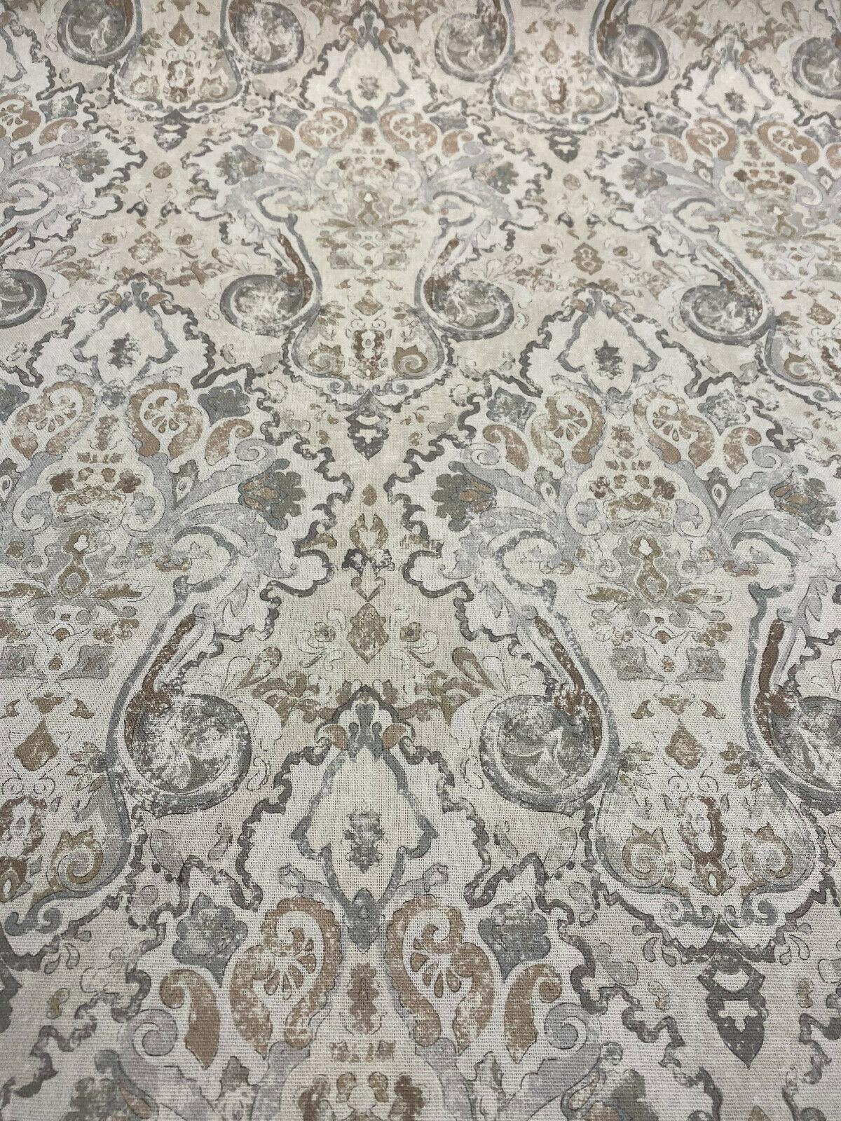 Mazely Damask Ancient Creamy Beige Cotton Fabric - Ancient Damask, Off White Cream Beige With Blue And Taupe, 56" Width (1 Yard)