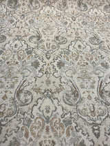 Mazely Damask Ancient Creamy Beige Cotton Fabric - Ancient Damask, Off White Cream Beige With Blue And Taupe, 56" Width (1 Yard)