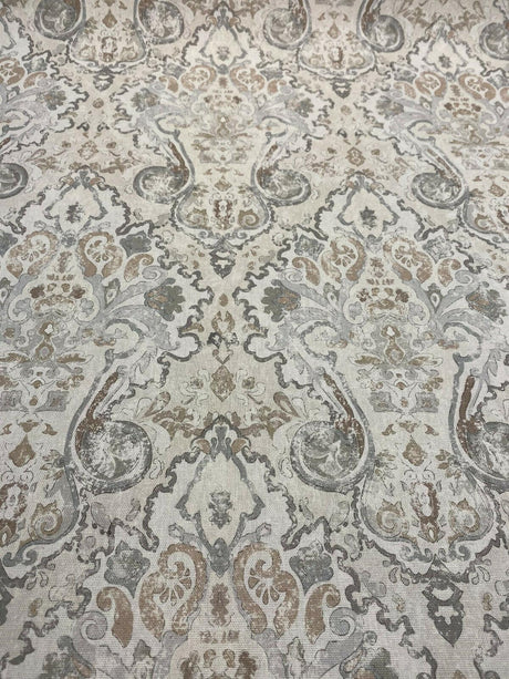 Mazely Damask Ancient Creamy Beige Cotton Fabric - Ancient Damask, Off White Cream Beige With Blue And Taupe, 56" Width (1 Yard)