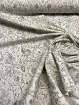 Mazely Damask Ancient Creamy Beige Cotton Fabric - Ancient Damask, Off White Cream Beige With Blue And Taupe, 56" Width (1 Yard)