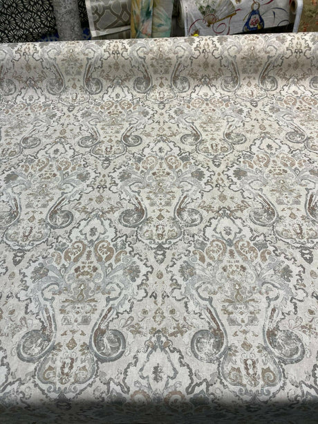 Mazely Damask Ancient Creamy Beige Cotton Fabric - Ancient Damask, Off White Cream Beige With Blue And Taupe, 56" Width (1 Yard)