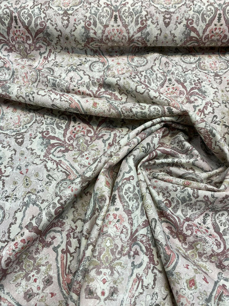 Mazely Damask Ancient Pinkish Cotton Fabric - Digital Print, Off White Cream Light Pink Purple Shade, Gray, 56" Width (1 Yard)