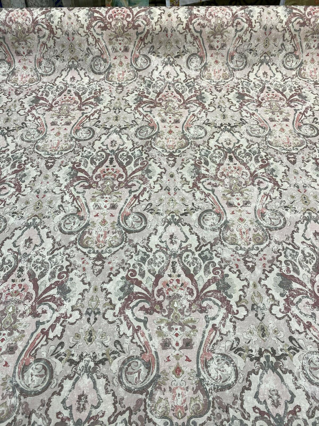 Mazely Damask Ancient Pinkish Cotton Fabric - Digital Print, Off White Cream Light Pink Purple Shade, Gray, 56" Width (1 Yard)