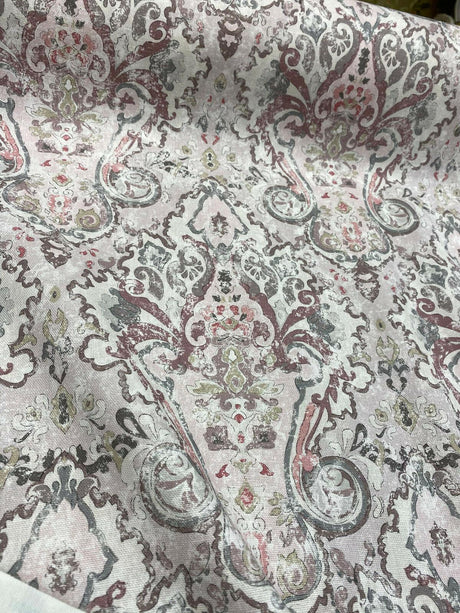 Mazely Damask Ancient Pinkish Cotton Fabric - Digital Print, Off White Cream Light Pink Purple Shade, Gray, 56" Width (1 Yard)